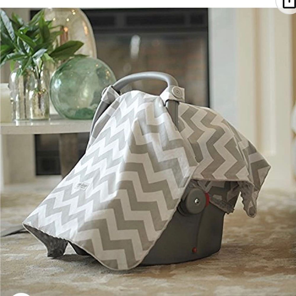 Car seat Canopy grey white chevron print  fabric buttons